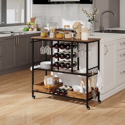 Costway 3 Tiers Kitchen Bar Cart Home Serving Cart on Wheels w/ Glass ...