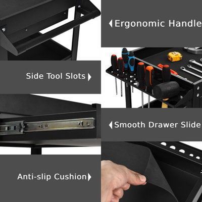 Costway 3-Tray Tool Cart Rolling Utility Cart Tray Organizer w/ Drawer & Wheels - 4