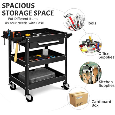 Costway 3-Tray Tool Cart Rolling Utility Cart Tray Organizer w/ Drawer & Wheels - 8