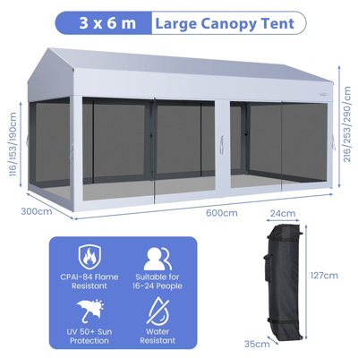 Costway 3 x 6 m Pop-Up Canopy Party Tent Sidewalls Portable Garage Car Shelter Wheeled
