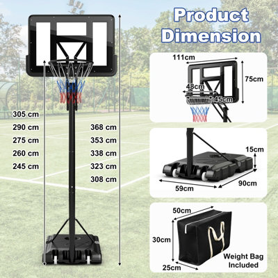 Costway 308 to 368cm Basketball Hoop Set w/Wheels & Free Secure Bag Indoor Outdoor - 3