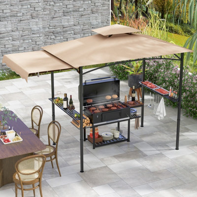 COSTWAY 318 x 153 cm Grill Gazebo w/ Side Awning Outdoor Barbecue Canopy Tent-Beige