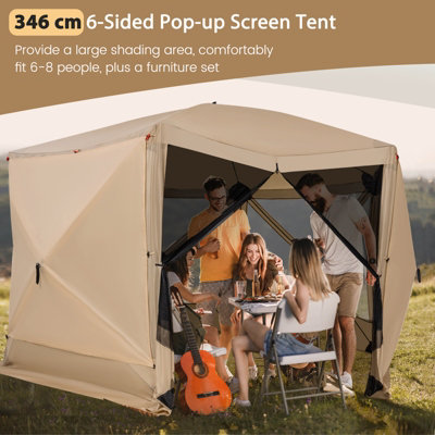 Costway 346 x 305 cm Pop up Screen House Tent 6 Sided Camping Gazebo Instant Setup Hub Tent with Portable Carrying Bag