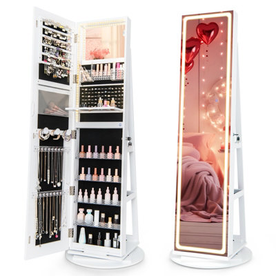 Costway 360 Swivel Jewelry Cabinet Lockable Jewelry Makeup Armoire w/ LED Lights