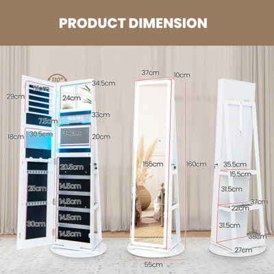 Costway 360 Swivel Jewelry Cabinet Lockable Jewelry Makeup Armoire w/ LED Lights - 3