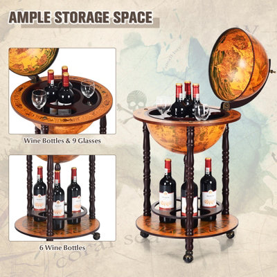 Costway 360MM Globe Wine Rack Storage Cabinet with Wheels - 5