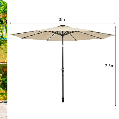 Costway 3M Garden Parasol 24 Solar Power LED Lights Patio Umbrella with Tilt and Crank Handle Beige