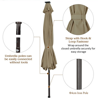 Costway 3M Garden Parasol 24 Solar Power LED Lights Patio Umbrella with Tilt and Crank Handle Coffee - 8