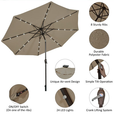Costway 3M Garden Parasol 24 Solar Power LED Lights Patio Umbrella with Tilt and Crank Handle Coffee - 9