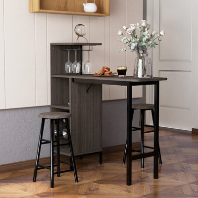 Costway 3PCS Bar Table Chair Set Industrial Dining Table Stools w/ Glass Holders & Wine Racks