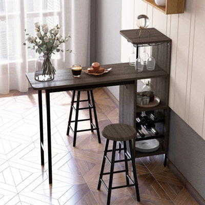 Costway 3PCS Bar Table Chair Set Industrial Dining Table Stools w/ Glass Holders & Wine Racks