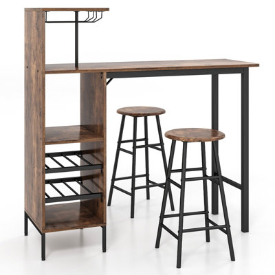 Costway 3PCS Bar Table Chair Set Industrial Dining Table Stools w/ Glass Holders & Wine Racks