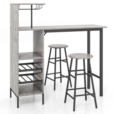 Costway 3PCS Bar Table Chair Set Industrial Dining Table Stools w/ Glass Holders & Wine Racks
