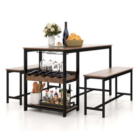 Costway 3PCS Dining Table Set Kitchen Table & 2 Benches W/ Storage Shelf Wine Rack