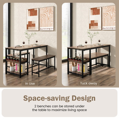 Costway 3PCS Dining Table Set Kitchen Table & 2 Benches W/ Storage ...