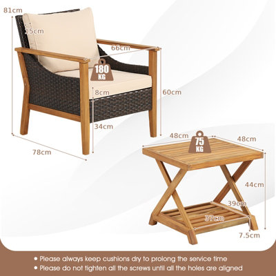 Costway 3PCS Garden Patio Table & Chair Set Outdoor Rattan Wicker Set - 3