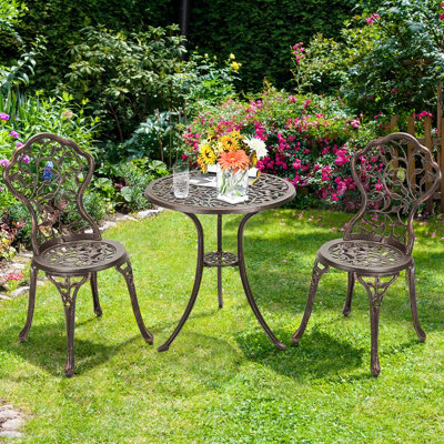 Costway 3Pcs Outdoor Bistro Set Patio Conversation Set Cast Aluminum Leaf Design - 3