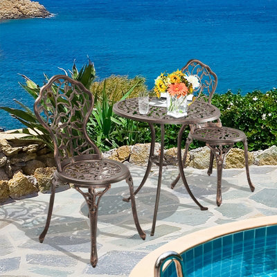 Costway 3Pcs Outdoor Bistro Set Patio Conversation Set Cast Aluminum Leaf Design - 4