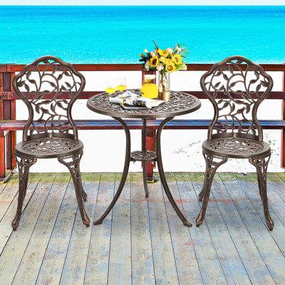 Costway 3Pcs Outdoor Bistro Set Patio Conversation Set Cast Aluminum Leaf Design - 5