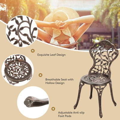 Costway 3Pcs Outdoor Bistro Set Patio Conversation Set Cast Aluminum Leaf Design - 8