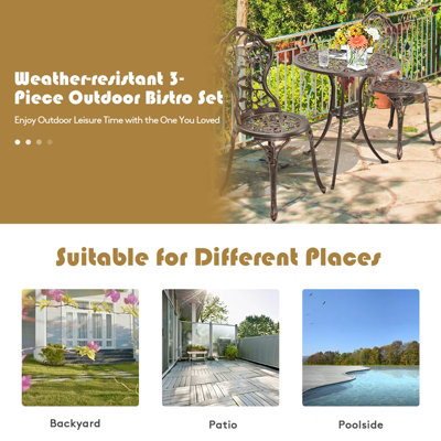 Costway 3Pcs Outdoor Bistro Set Patio Conversation Set Cast Aluminum Leaf Design - 9