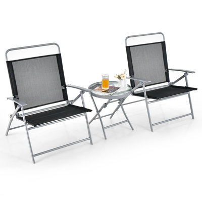 Costway 3PCS Patio Bistro Set Outdoor 2 Foldable Metal Garden Chairs w/ Glass Table