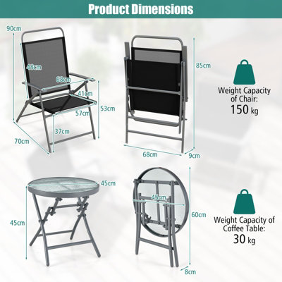 Costway 3PCS Patio Bistro Set Outdoor 2 Foldable Metal Garden Chairs w/ Glass Table