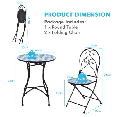 Costway 3PCS Patio Bistro Set Outdoor Mosaic Folding Chairs W/ Table