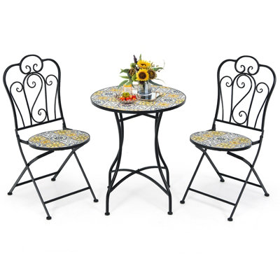 Costway 3PCS Patio Bistro Set Outdoor Mosaic Folding Chairs W/ Table