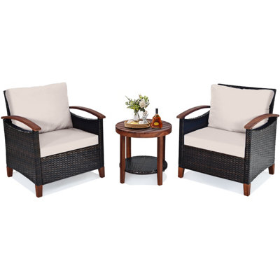 Costway 3pcs Rattan Chair Set Patio Conversation Sofa Set w/ Wooden Coffee Table