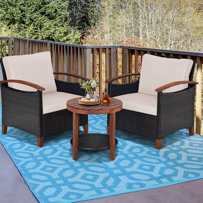 Costway 3pcs Rattan Chair Set Patio Conversation Sofa Set w/ Wooden Coffee Table - 3