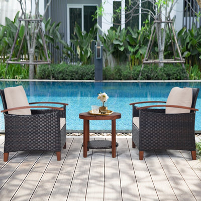 Costway 3pcs Rattan Chair Set Patio Conversation Sofa Set w/ Wooden Coffee Table - 4