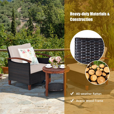Costway 3pcs Rattan Chair Set Patio Conversation Sofa Set w/ Wooden Coffee Table - 5