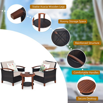 Costway 3pcs Rattan Chair Set Patio Conversation Sofa Set w/ Wooden Coffee Table - 8
