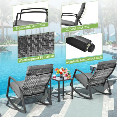 Costway 3PCS Rattan Rocking Bistro Patio Set Garden Set Outdoor Wicker Table & Chair Set