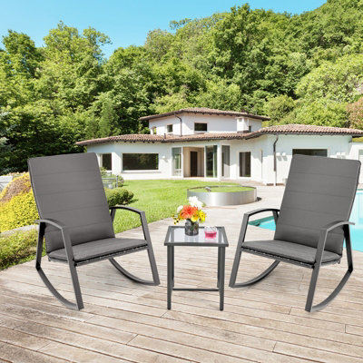 Costway 3PCS Rattan Rocking Bistro Patio Set Garden Set Outdoor Wicker Table & Chair Set