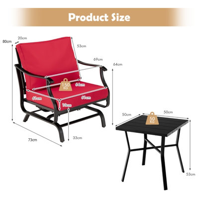 Costway 3PCS Rocking Chair & Table Set Garden Patio Bistro Glider Rocker w/ Cushions