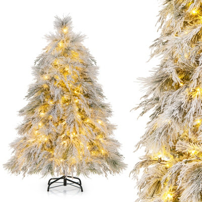 COSTWAY 4.5 FT Flocked Christmas Tree Pre-Lit Hinged Artificial Xmas Tree w/ LED Lights