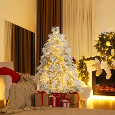 COSTWAY 4.5 FT Flocked Christmas Tree Pre-Lit Hinged Artificial