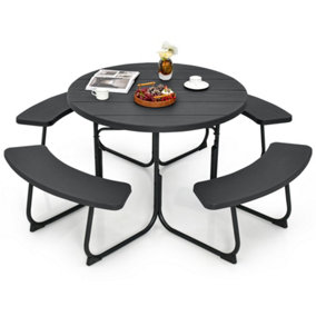 Costway 4 Benches Round Picnic Table Bench Set Outdoor Circular Camping Table W/ Umbrella Hole, Black