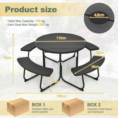 Costway 4 Benches Round Picnic Table Bench Set Outdoor Circular Camping Table W/ Umbrella Hole, Black