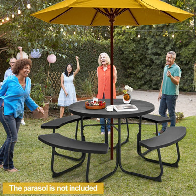 Costway 4 Benches Round Picnic Table Bench Set Outdoor Circular Camping Table W/ Umbrella Hole, Black - 3