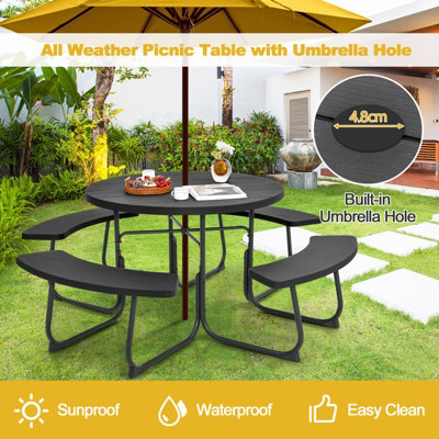 Costway 4 Benches Round Picnic Table Bench Set Outdoor Circular Camping Table W/ Umbrella Hole, Black - 4