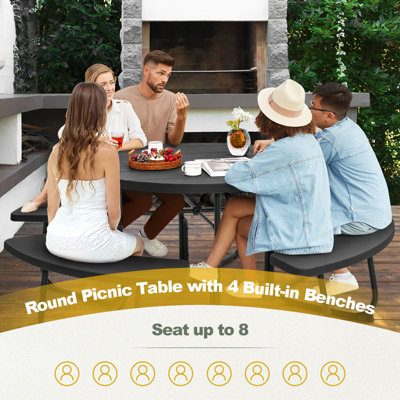 Costway 4 Benches Round Picnic Table Bench Set Outdoor Circular Camping Table W/ Umbrella Hole, Black - 5