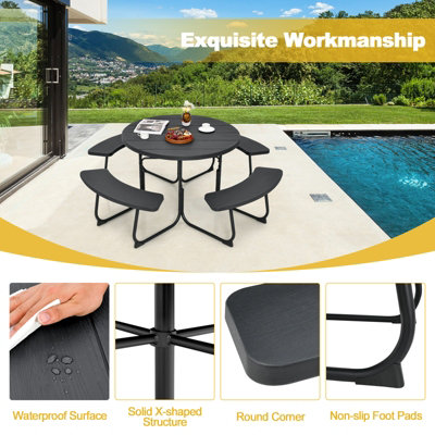 Costway 4 Benches Round Picnic Table Bench Set Outdoor Circular Camping Table W/ Umbrella Hole, Black - 6