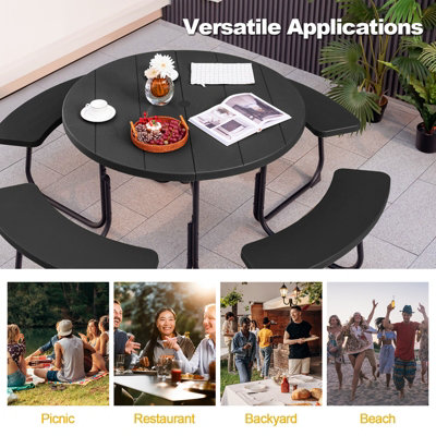 Costway 4 Benches Round Picnic Table Bench Set Outdoor Circular Camping Table W/ Umbrella Hole, Black - 8