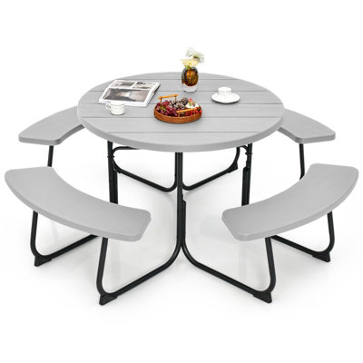 Costway 4 Benches Round Picnic Table Bench Set Outdoor Circular Camping Table W/ Umbrella Hole, Grey