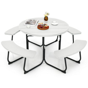 Costway 4 Benches Round Picnic Table Bench Set Outdoor Circular Camping Table W/ Umbrella Hole, White