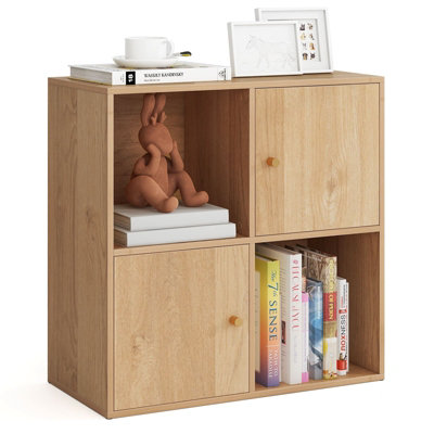 COSTWAY 4-Cube Bookcase 3-Tier Bookshelf Storage Organizer w/2 Cabinets-Natural