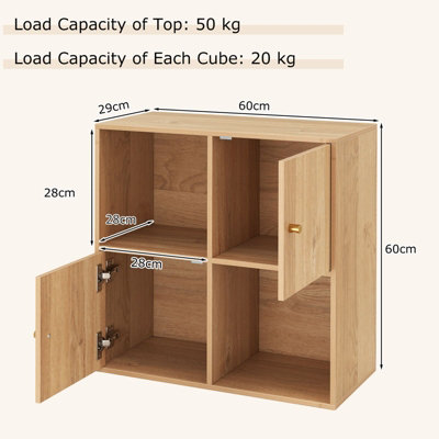 COSTWAY 4-Cube Bookcase 3-Tier Bookshelf Storage Organizer w/2 Cabinets-Natural